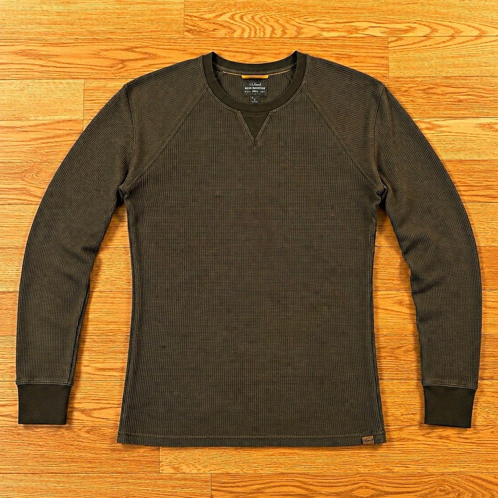 LL Bean Signature Waffle Crew Mens L Olive Green Thermal Slim Fit Long Sleeve